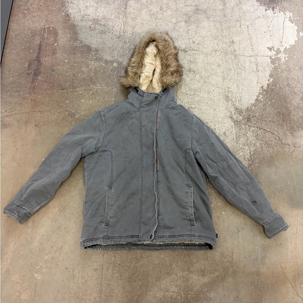 Vintage woolrich faux fur lined Gray Hooded‎ denim Jacket with Faux Fur Trim